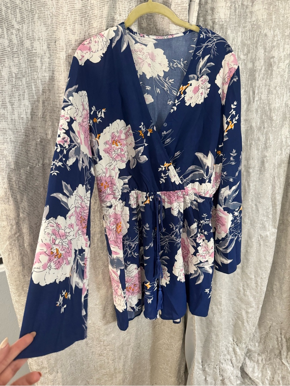 Navy Floral Wrap Romper with Pink & White Blooms